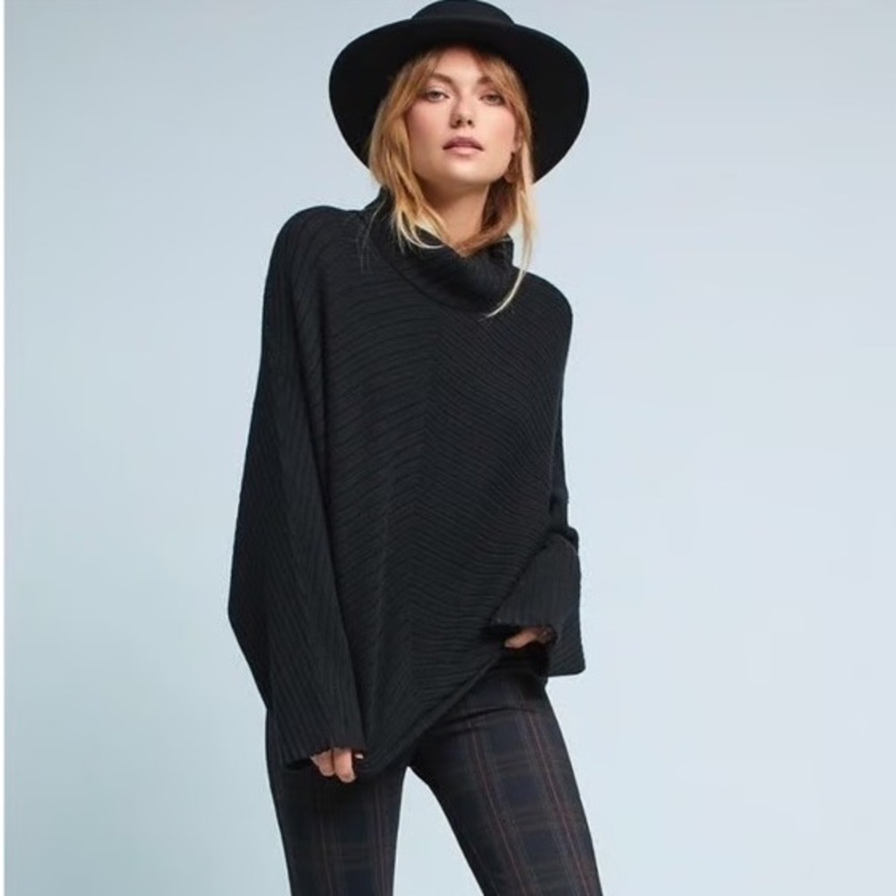 MOTH Black Ribbed Cowl Neck Oversized Poncho Sweater Top  Boho Anthropologie‎